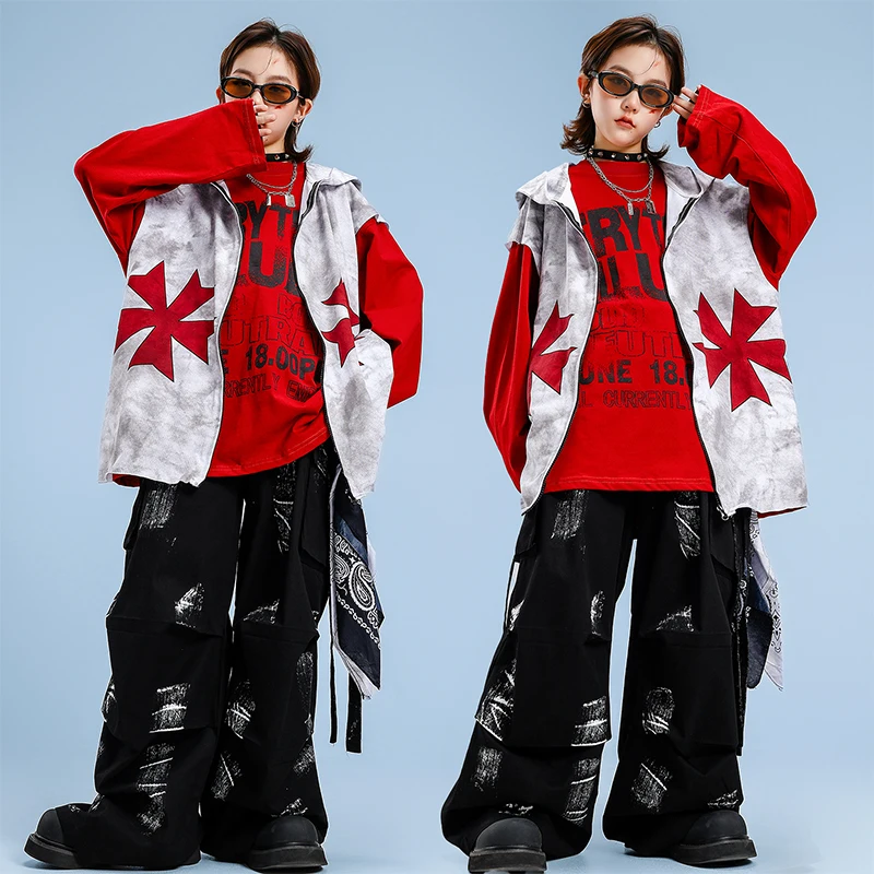Jungen Hip Hop Top Kostüm Mädchen K-pop Coole Graffiti Mit Kapuze Weste Street Dance Cargo Hosen Kinder Teenager Streetwear kind Kleidung Sets