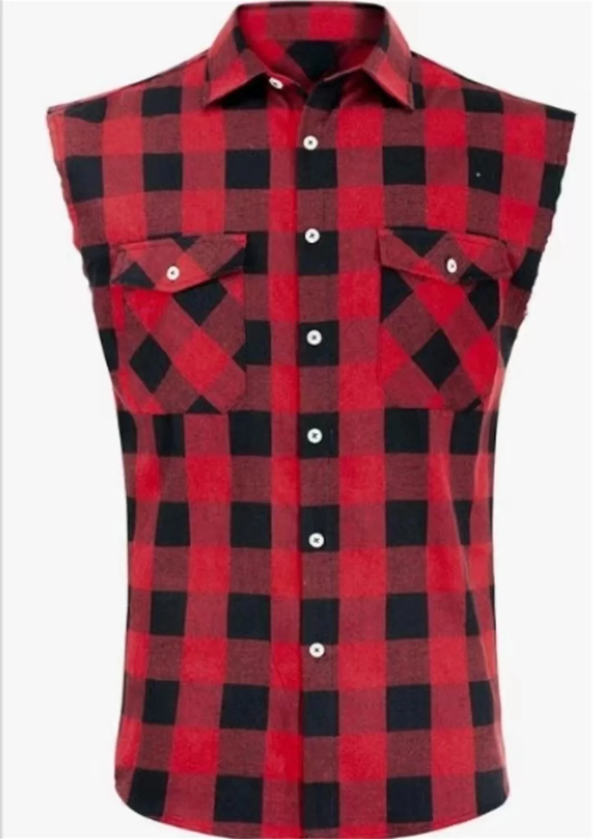 

Summer shirt vest, new men's checkered button up shirt, chest double pocket lapel sleeveless shirt