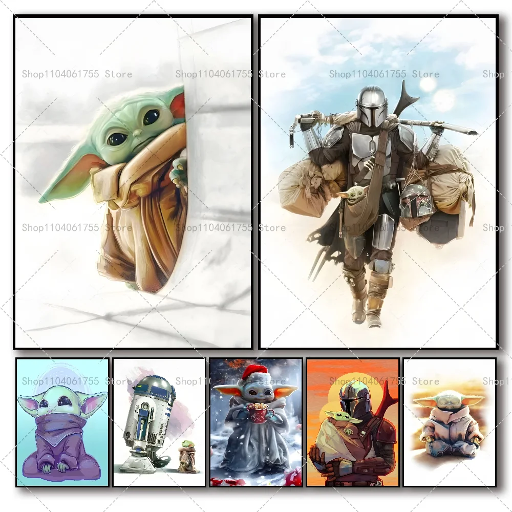 1PC TV Play The Mandalorian Baby Yoda Cartoon Poster Self-adhesive Art Waterproof Paper Sticker Coffee House Bar Room Wall Decor