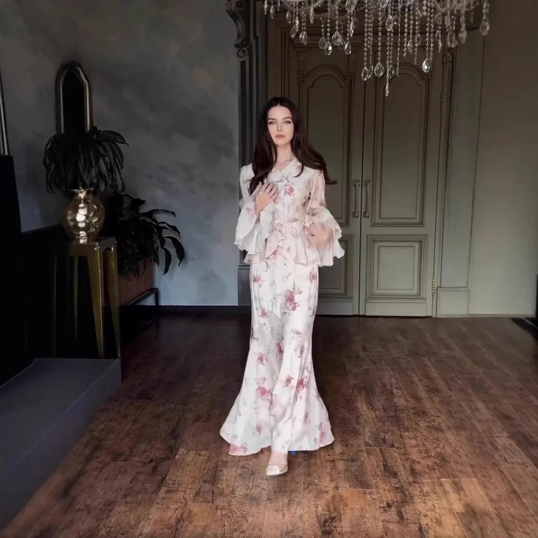 

Sweet Ele Asymmetrical Print Long Dr Spring 2025 Cross-Border Independent Station Casual Sportswear Women's Set