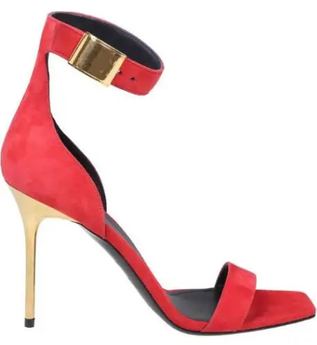 

Summer Red Suede Simple Gold Metal Ankle Wrap Cover Heel Sandals Women Sexy One Line Open Toe Stiletto Heels Banquet Dress Shoes