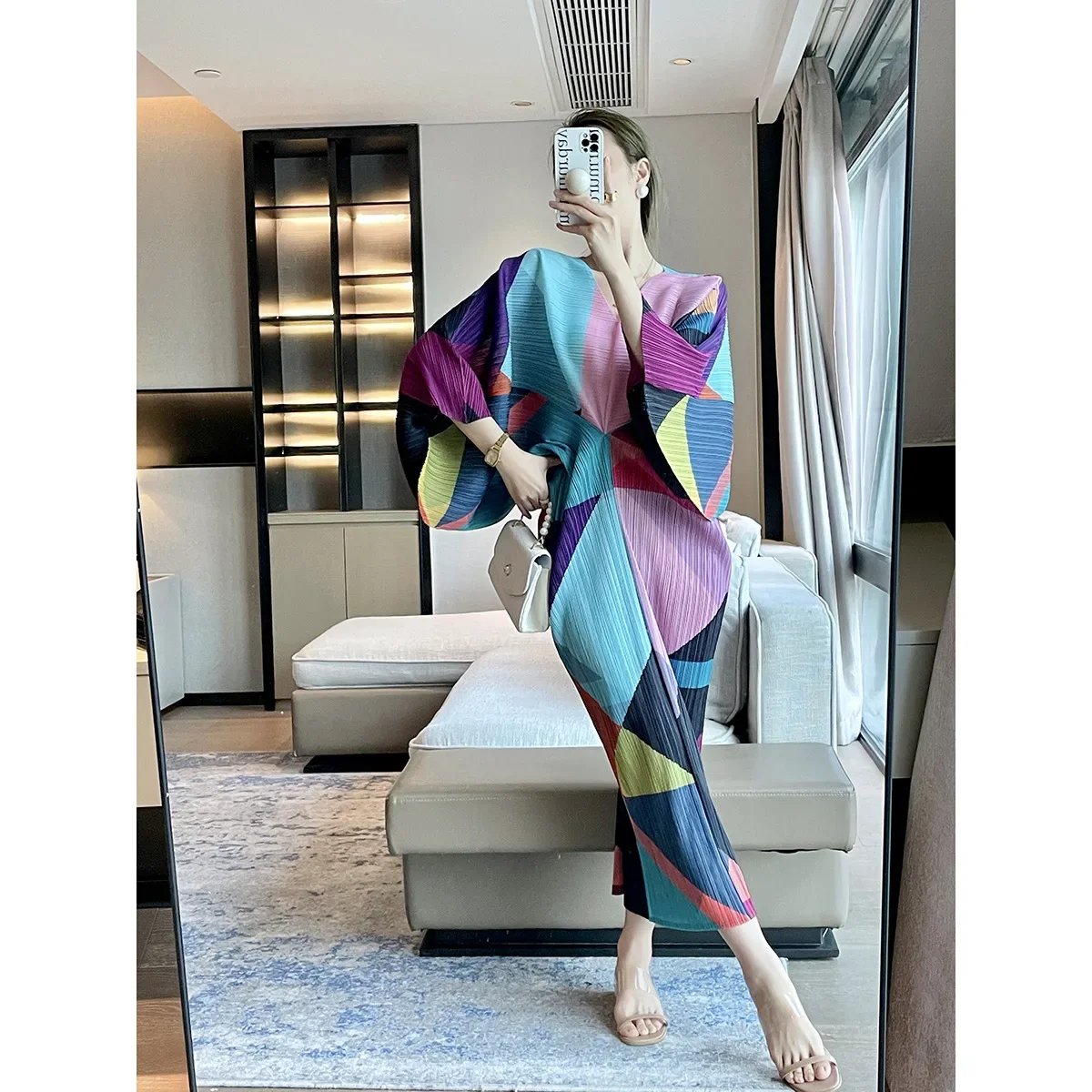 

ALSEY Miyake Pleated Art Geometric Print Design Fashion Dress for Women's 2024 Spring Autumn New Elegant Slim Long Dress Female