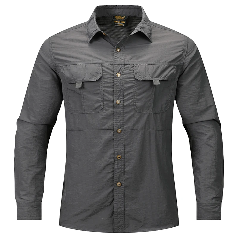 2024 New Summer Cargo Shirt for Men Long Sleeve 2-Pocket Shirts Outdoor Casual Colthing Solid Color Quick-dry Tops Overshirt