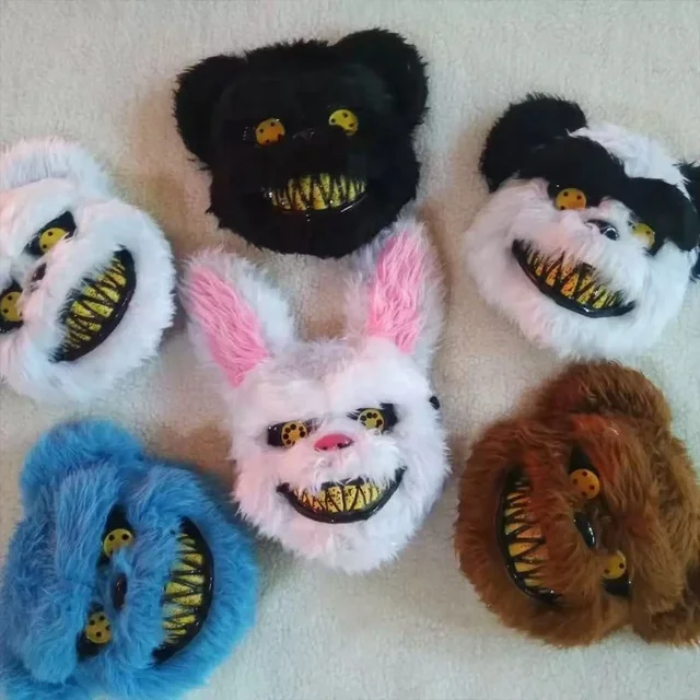 Furry Halloween animal masks with rabbit, bear and monster designs featuring scary teeth