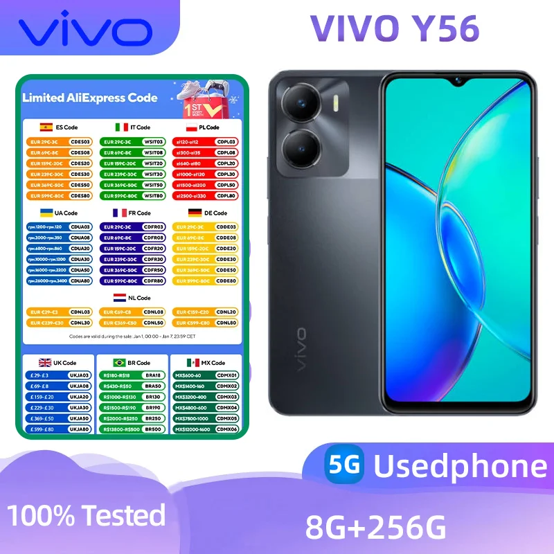 Vivo Y56 5g Smartphone Android CPU Dimensity 700 6.58-inch 50MP Camera ROM 256GB 5000mAh Used Phone