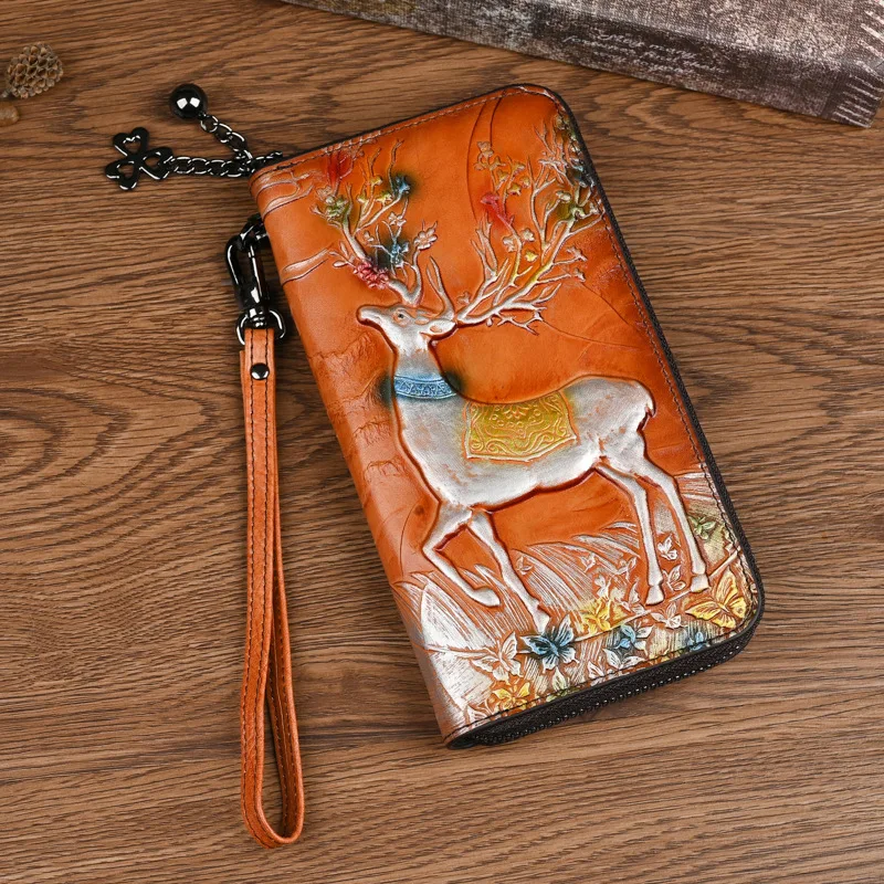 Johnature 2024 New Handmade Embossed Genuine Leather Wallet Card Holder Vintage Long Purse Women's Hand Wallets