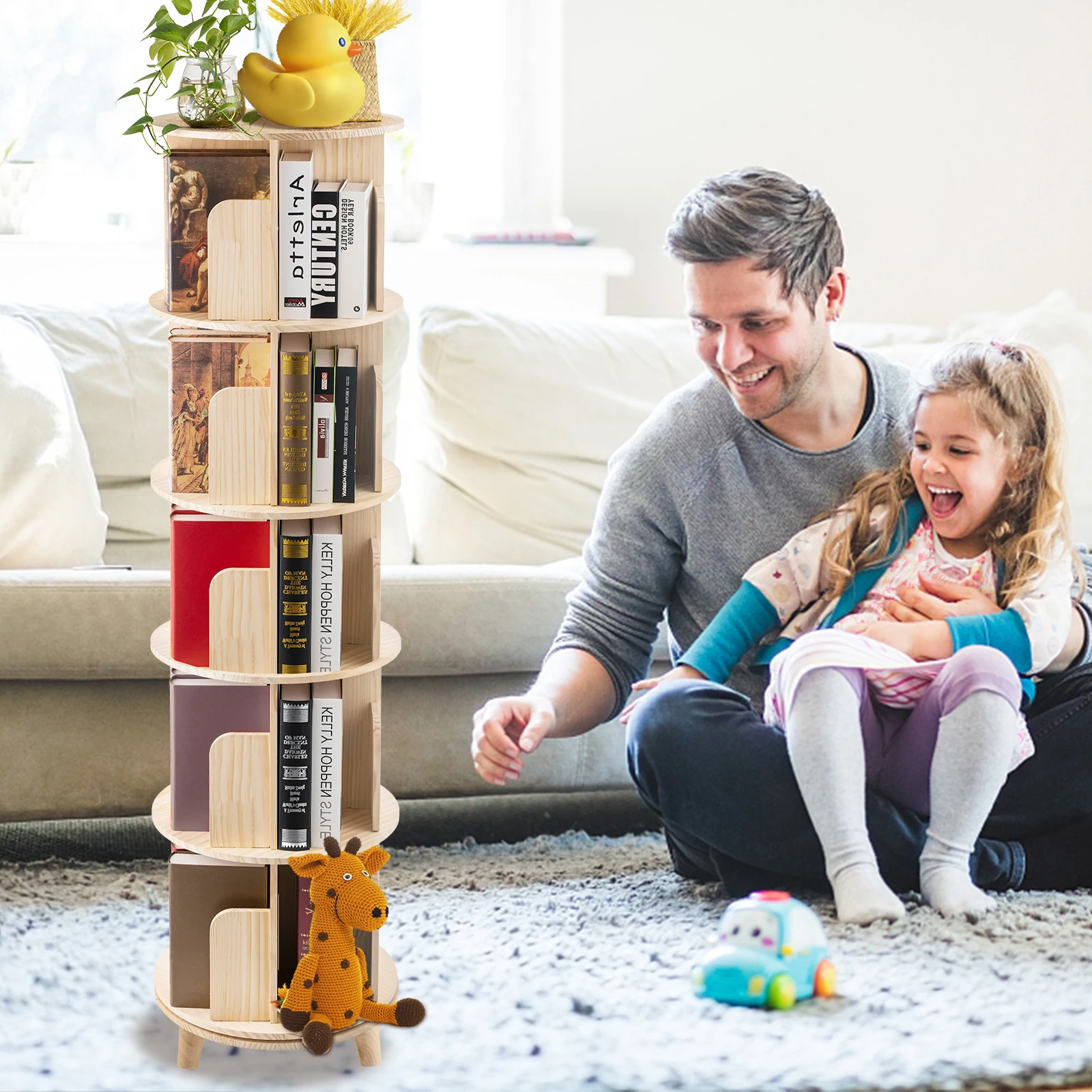 

Wooden Standing Bookcase with Leg, Rotatable Floor Stand, Multifunction Showcase Organizer, Kids and Adults, 5 Tier