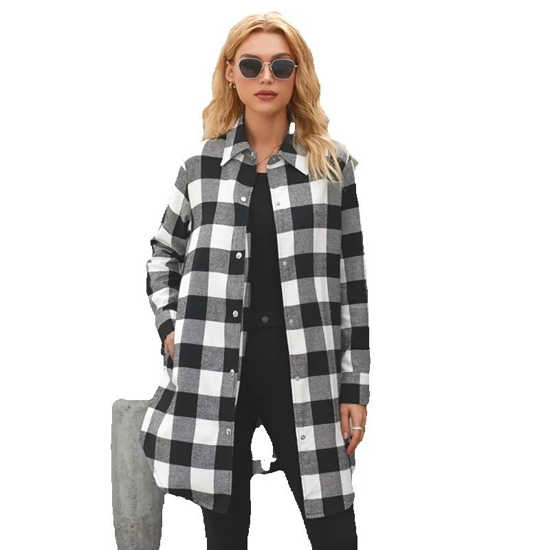 

2022 New Polo Collar Plaid Shirt Women's Mid Length Long Sleeve Autumn/Winter Coat Straight 851273