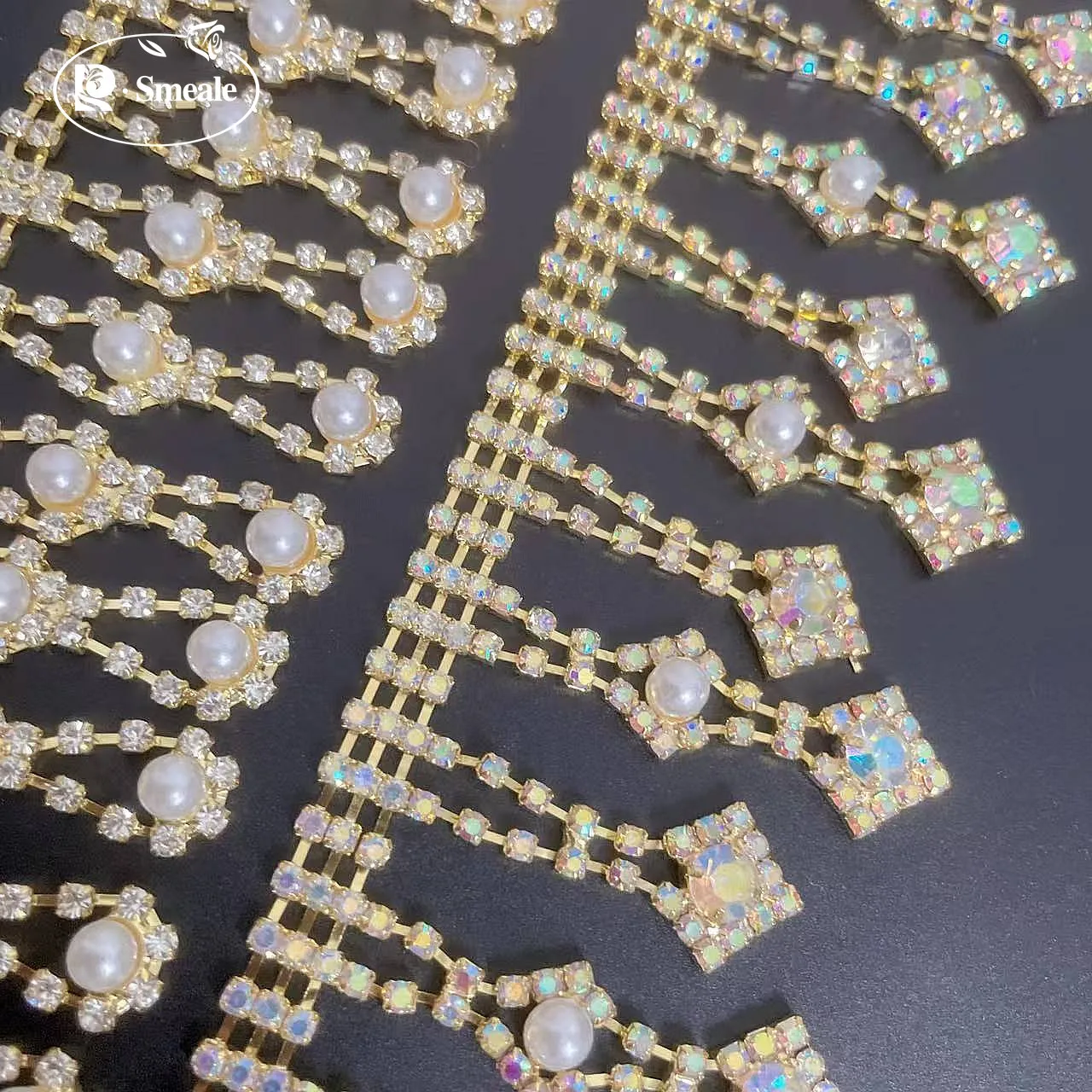 5-1 Yards. Strass-Quaste. Handgefertigte gewellte Strass-Kette, DIY-Hochzeitskleid-Dekoration, Kleidungszubehör. Perlenbesetzter Fransenbesatz. – Detail 5