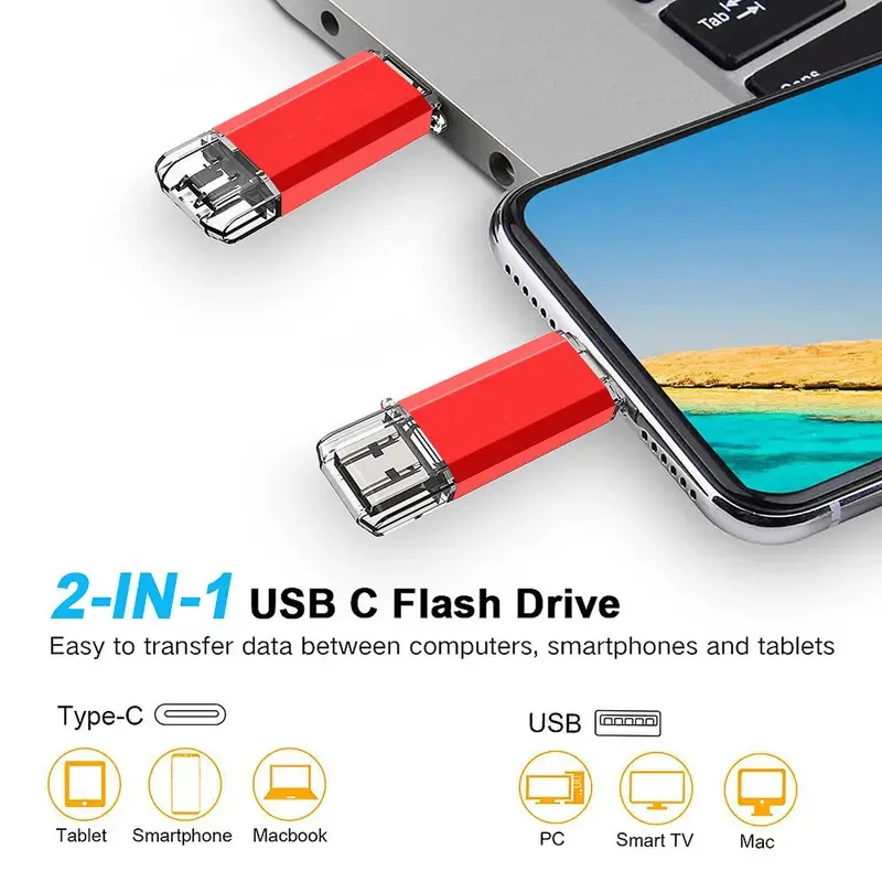 Unidade Flash USB de Alta Velocidade, Pendrive Tipo C, OTG, Novo, 2 em 1, 64GB, 128GB, 2 em 1