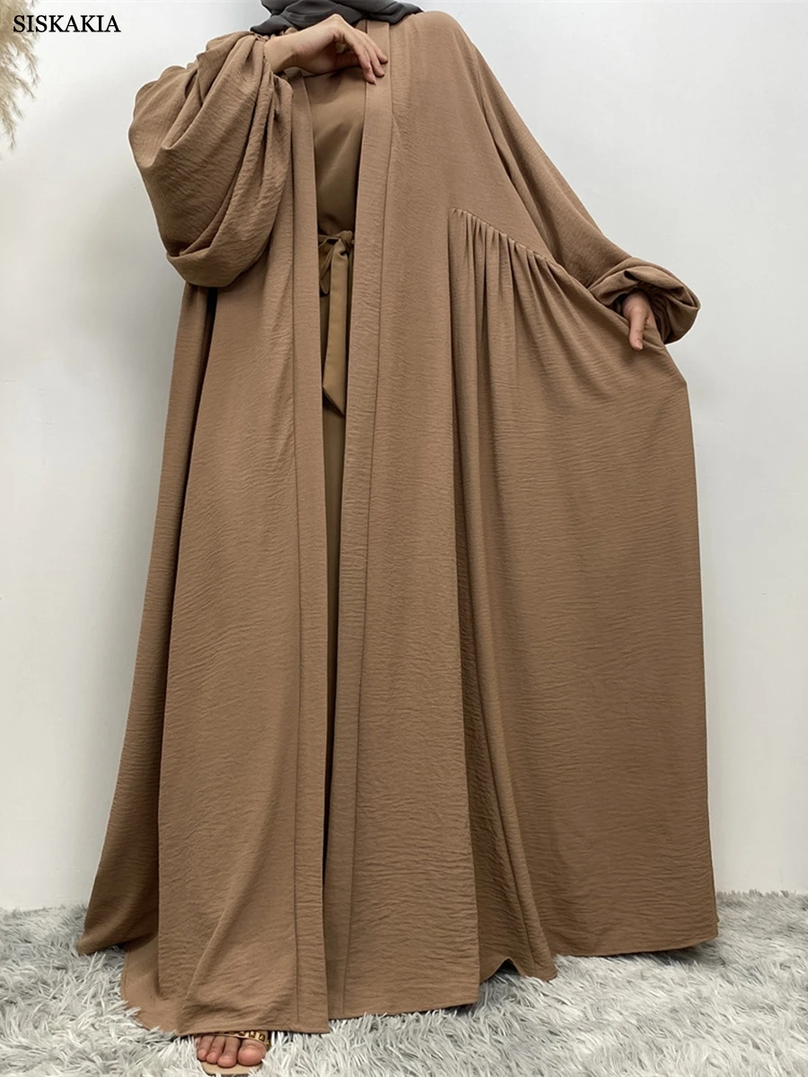 Siskakia Kimono Abayas Puff Sleeve Loose Folds Robe Kabaya With Pockets Muslim Ramadan Eid Women Clothing Turkish African Kaftan