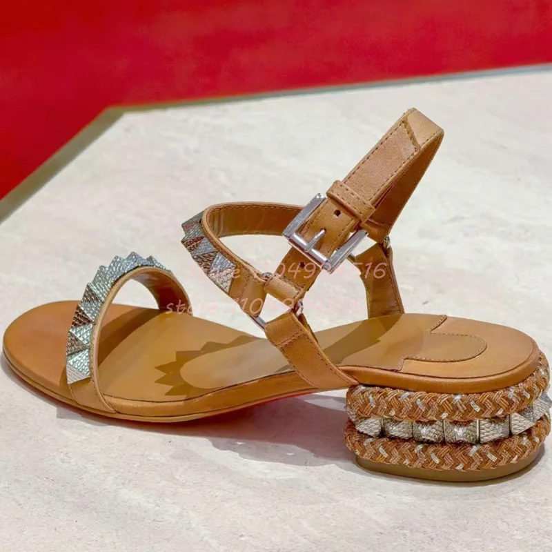 Brown Rivet Weave Chunky Heels Sandals Women Black Round Open Toe Buckle Strap Heels 2025 Sexy Fashion Party Summer Casual Shoes