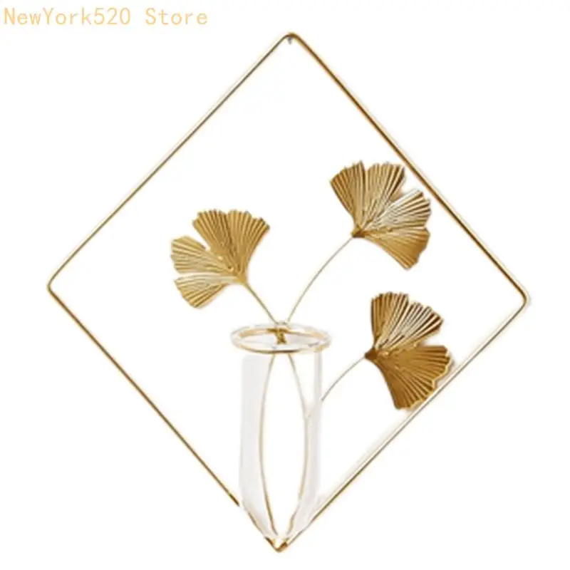 Wall Hanging Plants Vase with Metal Ginkgo Frame Stand Geometric Glass Test Tube Hydroponic Planters