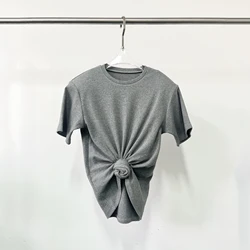2024 Spring And Summer New Women's T-shirt Y2k Twist Knot Decoration Solid Color Round Neck Short-sleeved Cotton Tees Tops