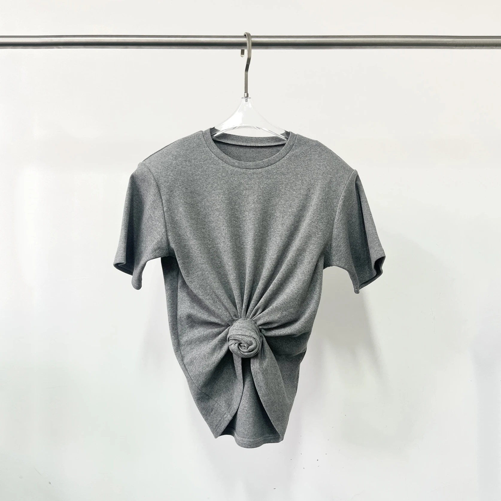 Ladies Cotton Mix Basic T-Shirt Round Neck Handmade Knot  Short Sleeve Irregular Fashion Crop Top Casual Daily Tee Shirts