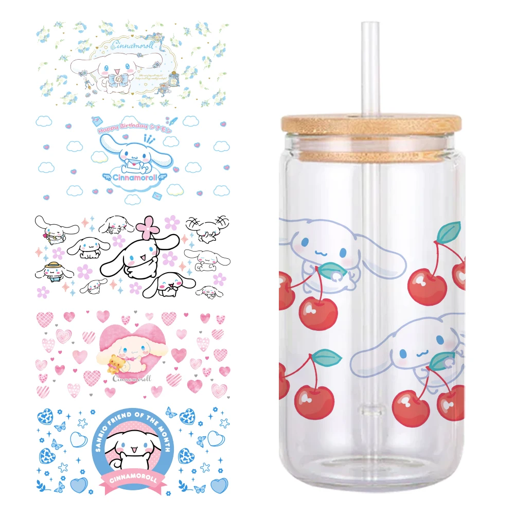 Cinnamoroll Sanrio Cherry UV DTF Sticker DIY For 16oz Glass Cup Scrapbooking Waterproof Decals Cup Sticker