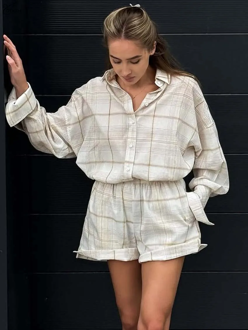 

Oymimi Elegant Beige Print 2 Piece Sets Woman Outfit Fashion Long Sleeve Single Breasted Shirt And High Wiast Pockets Shorts Set
