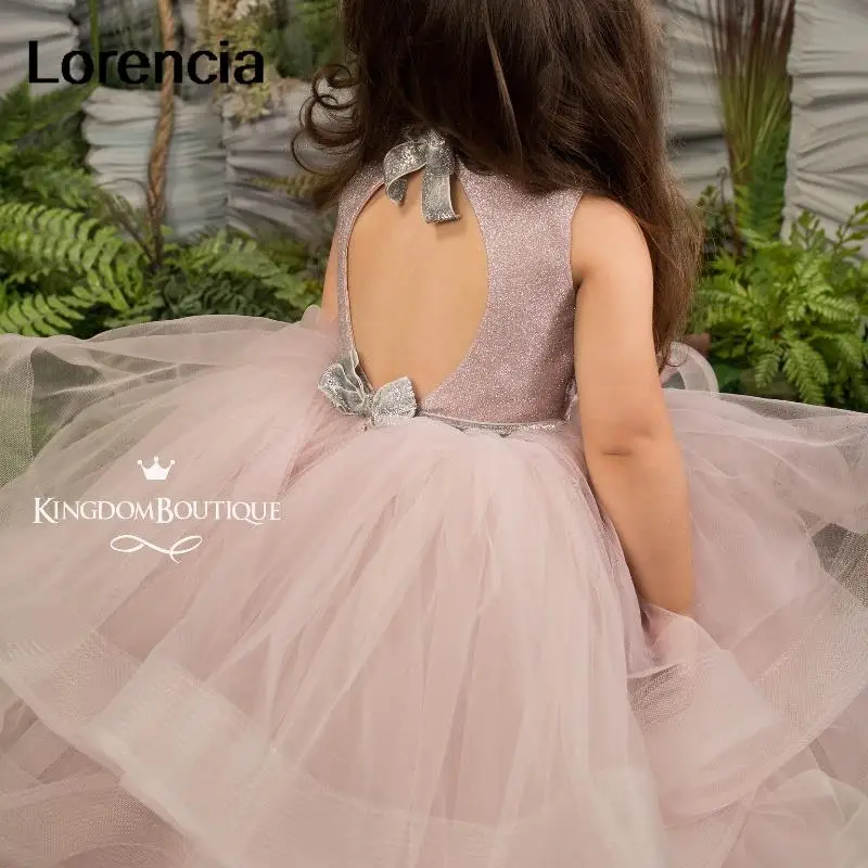 Lorencia Puffy Pink Princess Ball Gown Flower Girl Dress For Wedding 2024 Lace Appliques Pageant Holy First Communion Gown YFD69