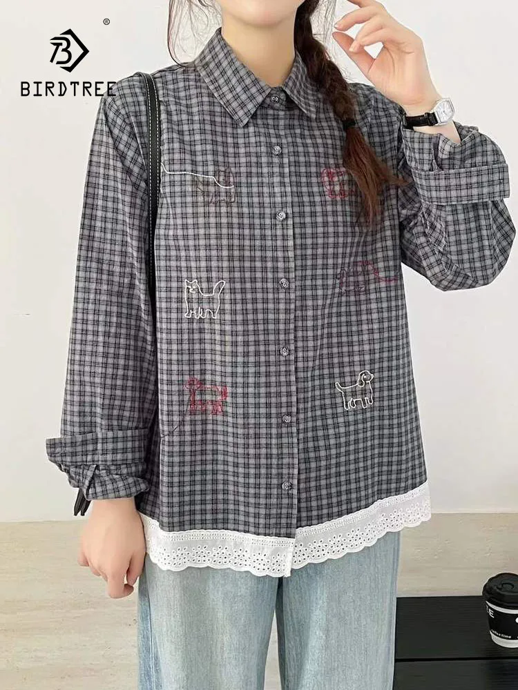 

New 2025 Autumn Cotton Long Sleeve Shirt, Women Turn-down Collar Plaid Embroidery, Mori Girl Retro Sweet Loose Blouse T59349CC