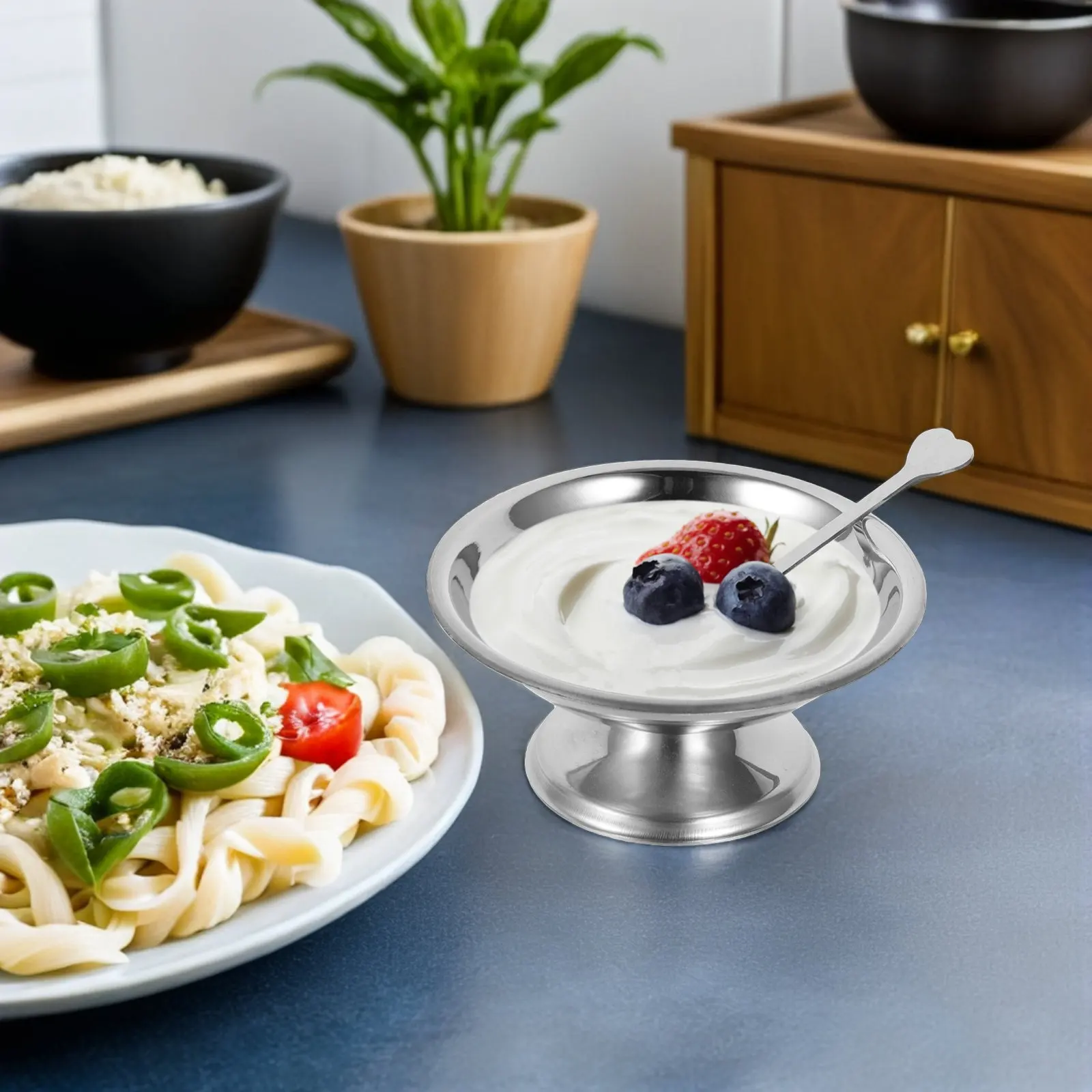 4Sets Stainless Steel Dessert Bowls Footed Ice Cream Cups Serving Salad Fruit Pudding Snack Candy Sundaes 11Cm Creative Ice