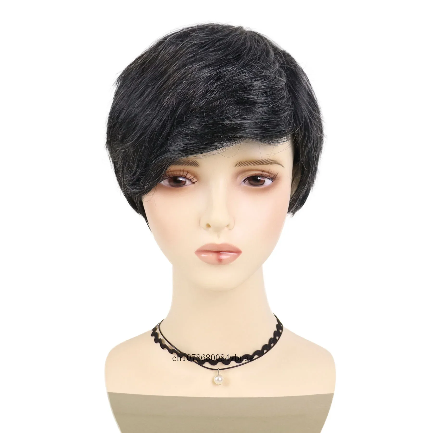 Synthetic Short Mix Black Hair Wig for Women Older Mommy Wigs with Side Bangs High Temperature Fiber Casual Use Dily Costume