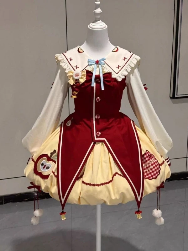 

Cute Japanese Style Lolita Skirt with Navy Collar Shirt Red Waist-Cinching Vest Flower Bud Skirt Three-piece Set for Women