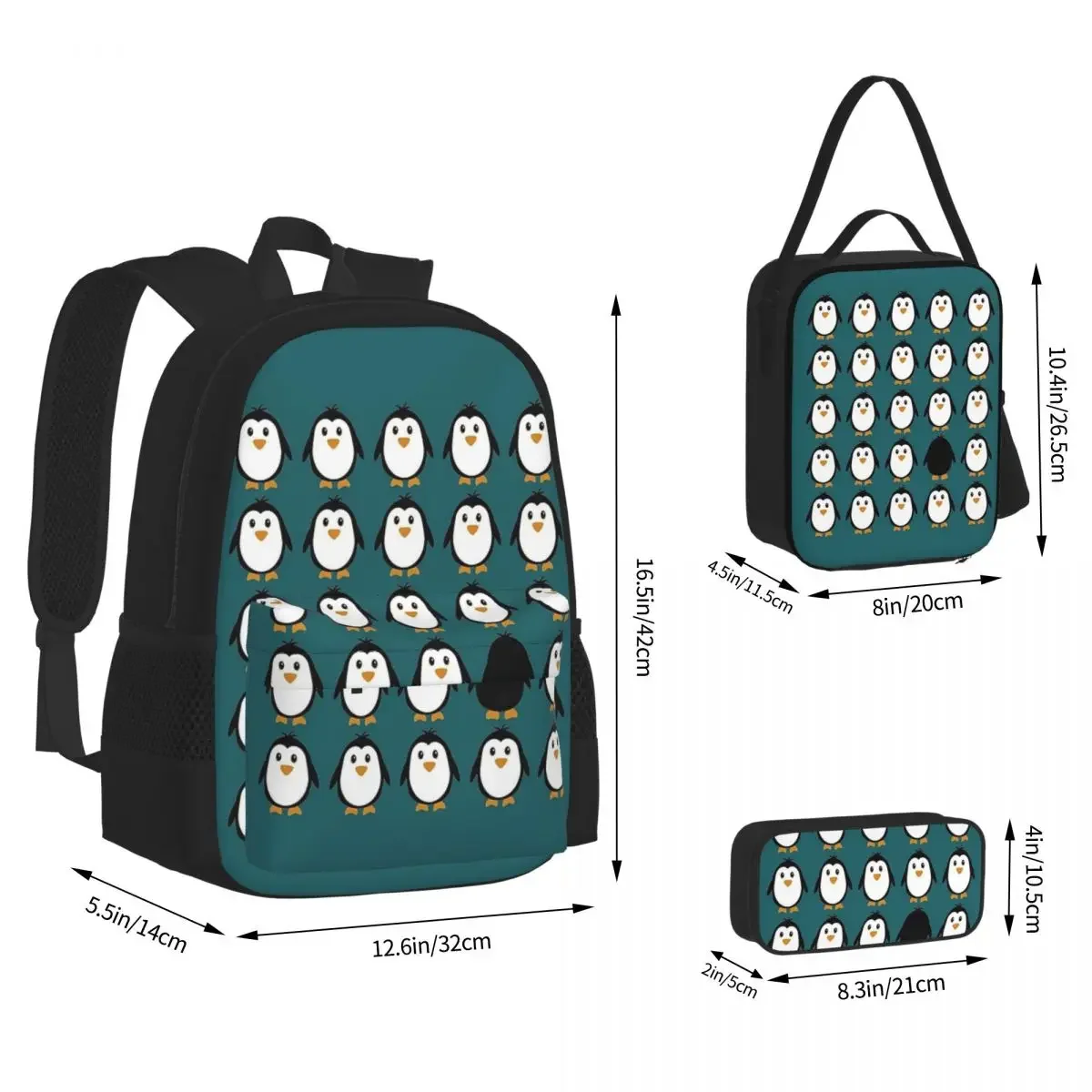 Conjunto de três peças de mochila escolar dos desenhos animados para crianças, pinguim, mochilas de colônia para estudantes, mochila para almoço, caneta para meninos e meninas