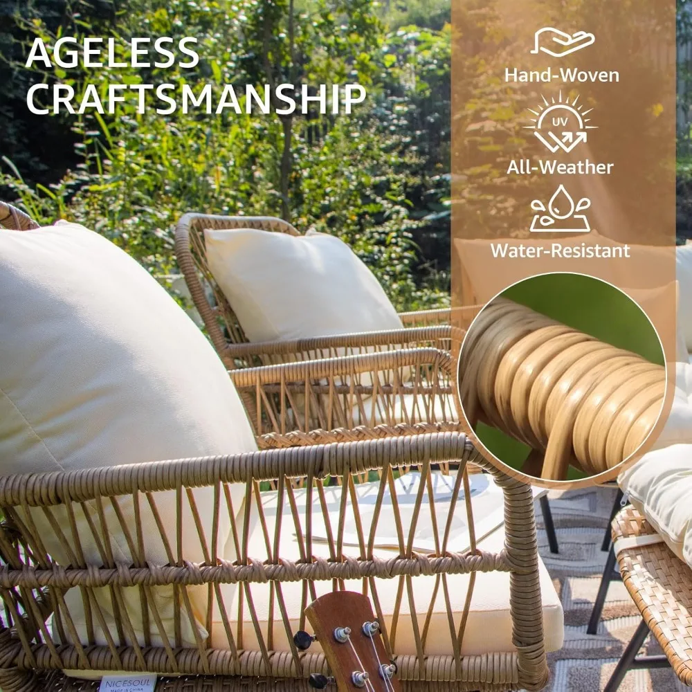 6 Pcs Boho Outdoor Patio Furniture Set, High Back L-Shaped Sectional with Ice Bucket Table, 500lbs Sturdy Comfy  Lounge Sofa