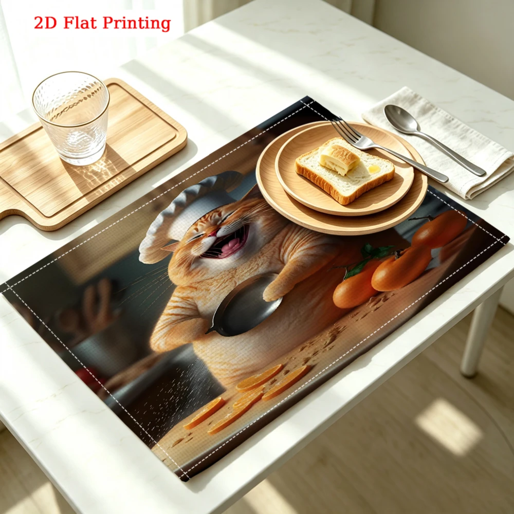 2Pcs Cartoon Cat Chef Placemat Brown Funny Cooking Print Table Mat Kitchen Dining Decor Non Slip Heat Resistant 30X40Cm
