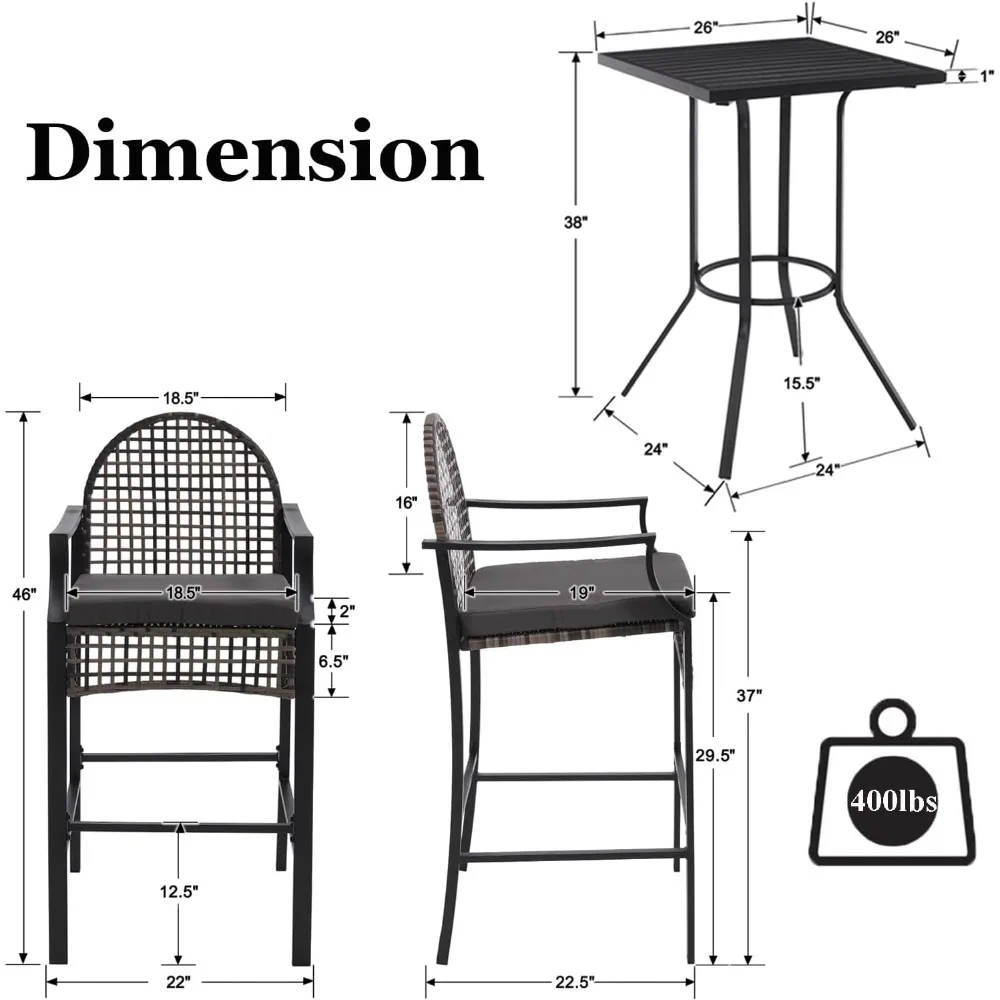 طقم بيسترو عالي البراز في الهواء الطلق مع كرسيين بار، 3 قطع مجموعات طاولات بار الفناء، مجموعة بار خارجي من الخيزران، بيسترو فناء بإطار فولاذي #3