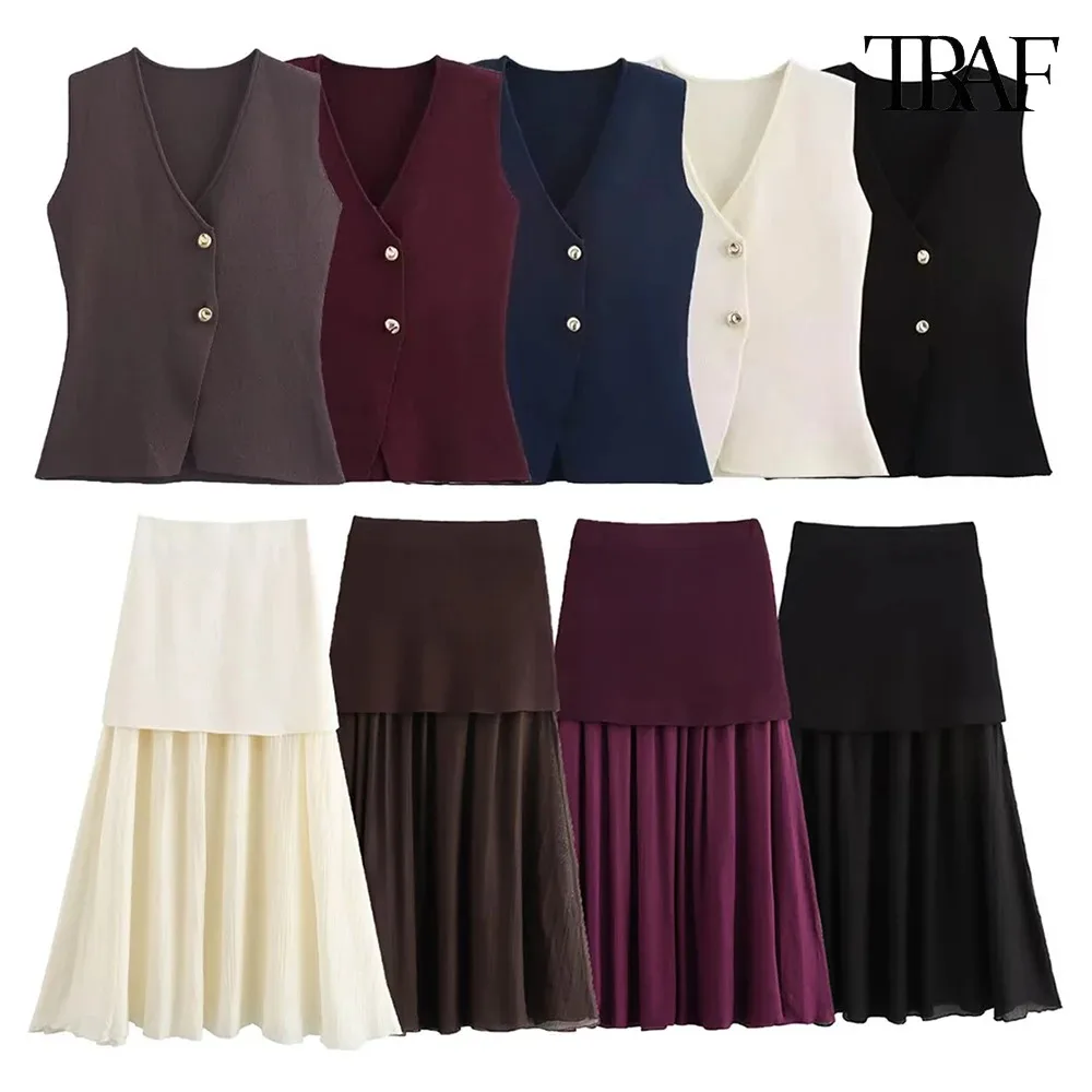 

TRAF Women's New Funky Suit Gold Button Knit Women's Vest Vest Crinkle Embellished Long Skirt Street Style Elegant Womenswear