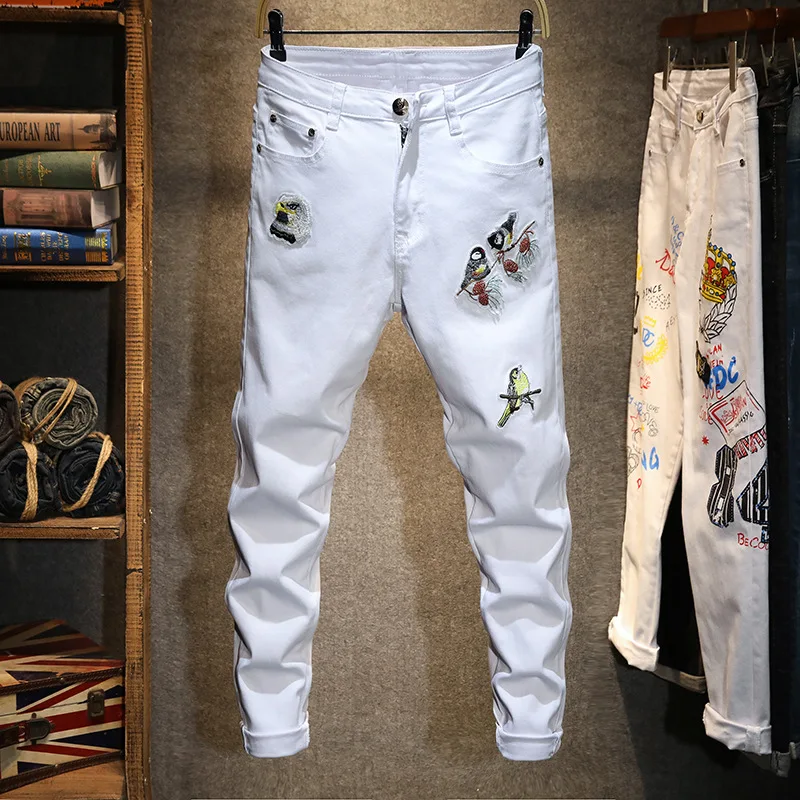 

Personality fashion White jeans men's fashion hot stamping flower embroidery street handsome slim fit skinny stretch trousers