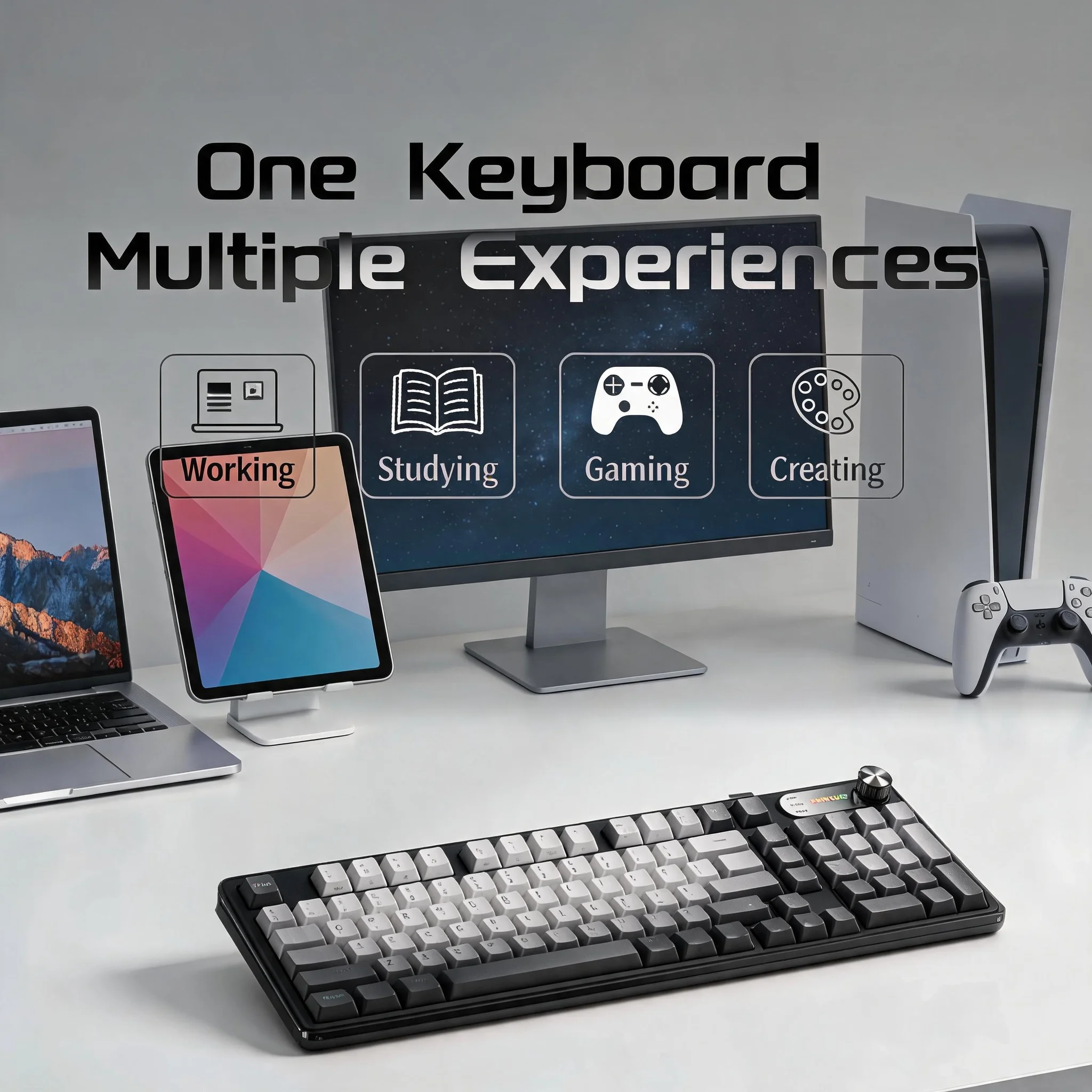 Tri-Mode Wireless Keyboard Mechanical Style 98 Keys Bluetooth 5.0 2.4GHz USB-C Silent Membrane with Multimedia Knob RGB Compact 1800 Layout for Windows Mac iPad Tablet Multi-Device
