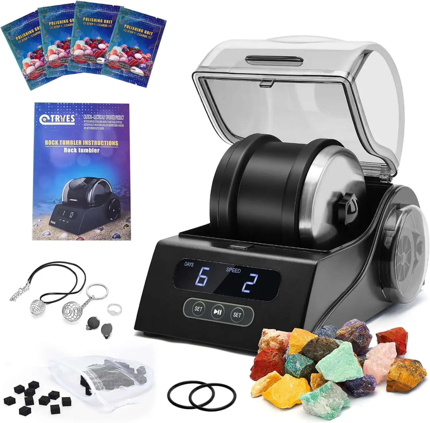 

Professional Rock Tumbler Kit with Noise Reduction, Timer Control, Gemstones & Guide - Great Science Gift for All Ages