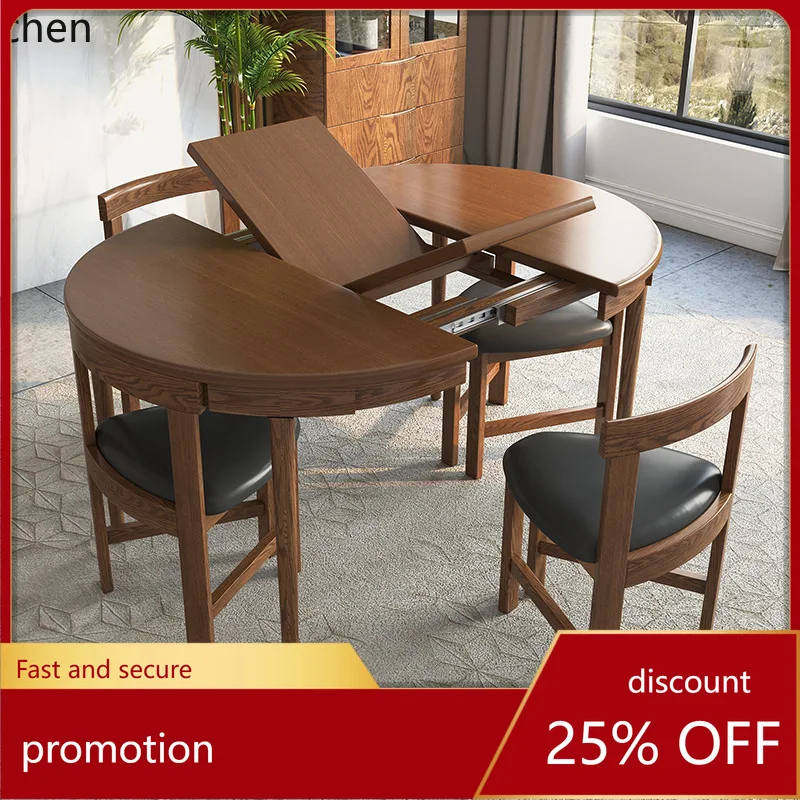 

HT solid wood retractable folding table household Nordic small apartment dining table and chair combination round dining table