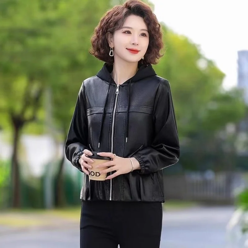 2025 Autumn Fashion Hooded PU Leather Jacket For Women Loose And Versatile Stylish Casual Coat Top w509