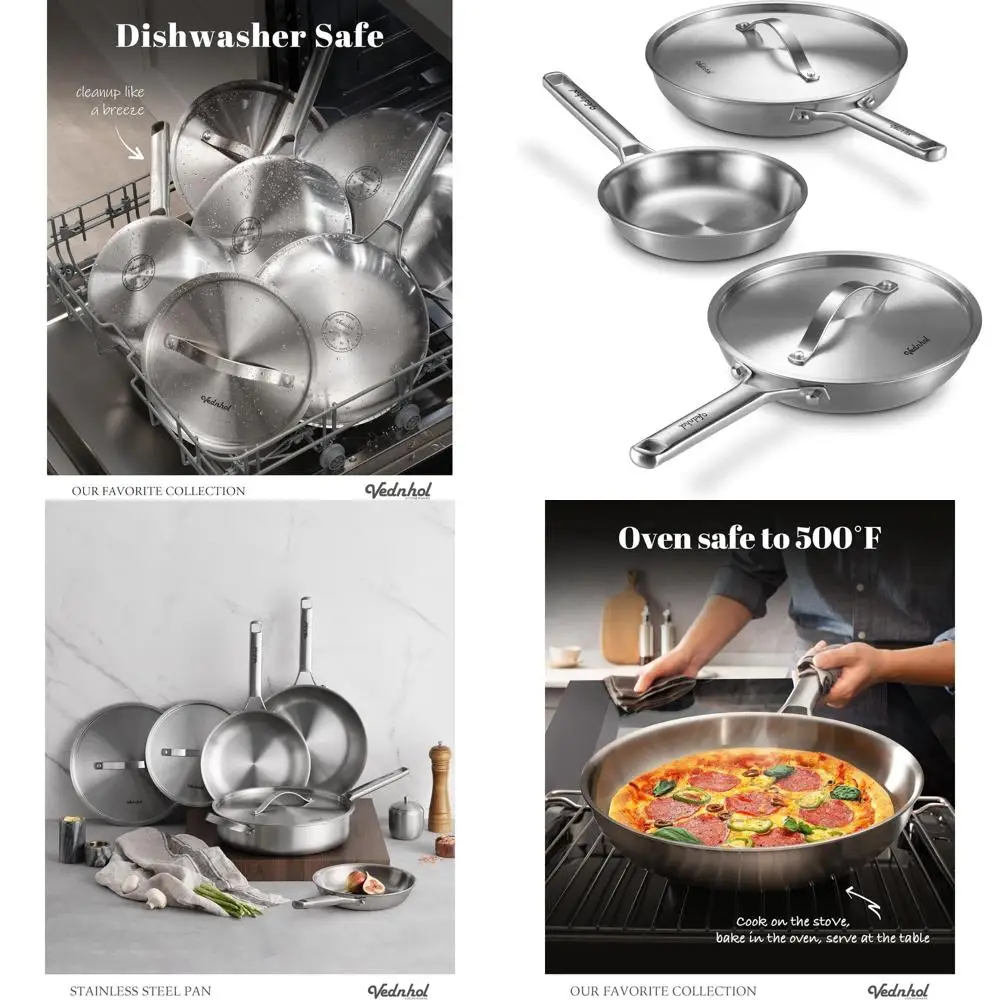

Tri-Ply Stainless Steel Frying Pan Set, 8-10-12 Inch Skillets with Lids, Oven & Dishwasher Safe, Induction Ready