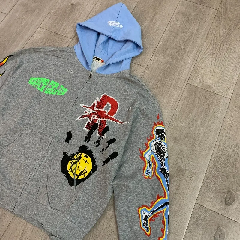 Hot Drill Letters Rough Oversized Hoodie Men Women Color Blocking Splicing Casual Jackets