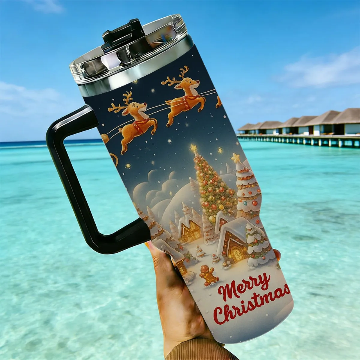 40oz Christmas Santa Reindeer Winter Village Print Stainless Steel Tumbler With Handle Straw Lid 24 Hours Cold Insulated Travel Cup