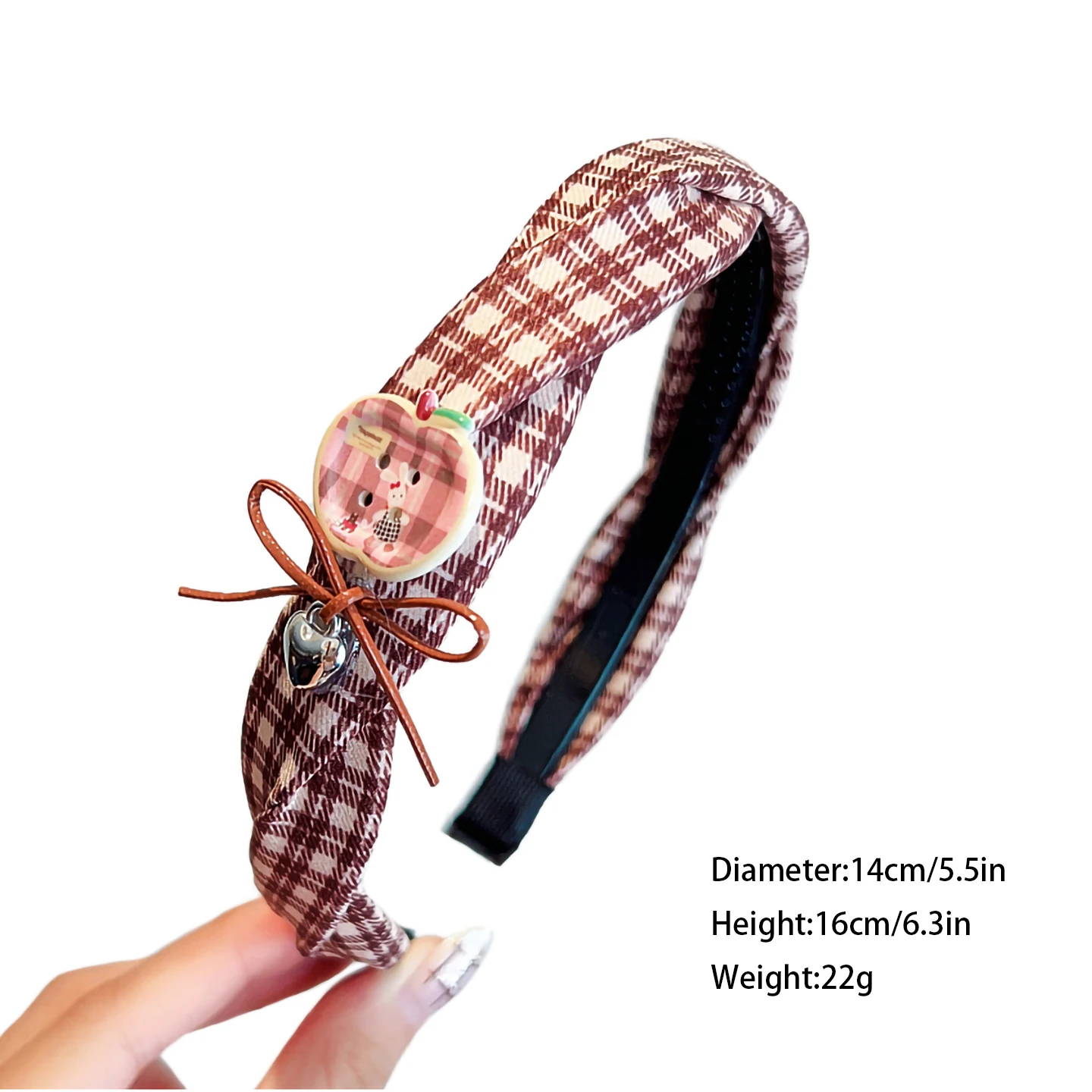 Koreanisches kariertes, verdrehtes Kinder-Haarband, süßer Cartoon-Harzschmuck, Schleifen-Herzanhänger, Mädchen-Haarreif, rutschfeste Kinder-Haaraccessoires – Detail 2