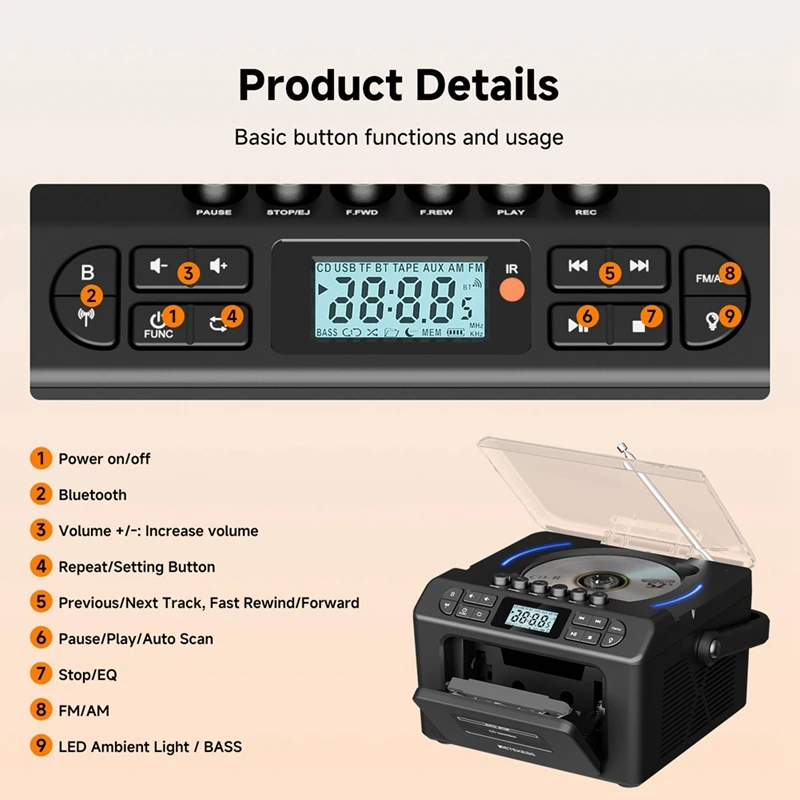 Super Sale RETEKESS Multifunctional Bluetooth Radio CD Boombox Cassette USB TF AUX Remote Control Portable CD Player for Home Gi