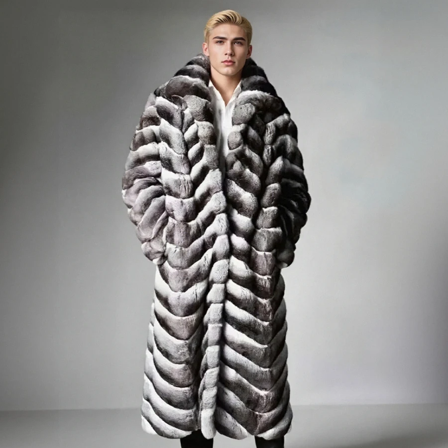 Real Rex Rabbit Fur Coat With Collar Extra Long Winter Fur Jacket Chinchilla Fur Jackets Best Seller Natural Fur Coat Men