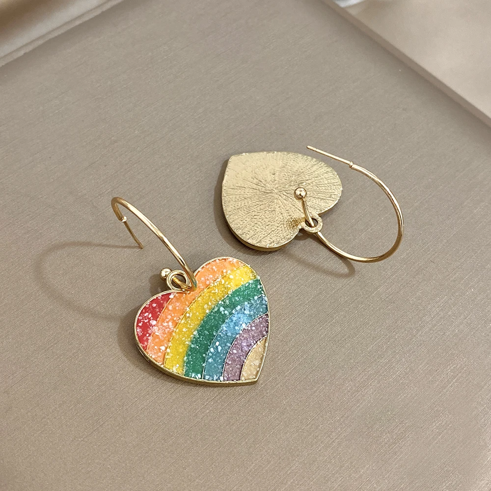 AENSOA Colorful Gold Plated Rainbow Heart Hoop Drop Earrings For Women Glitter Heart Dangle Earrings Cute Statement Ear Jewelry