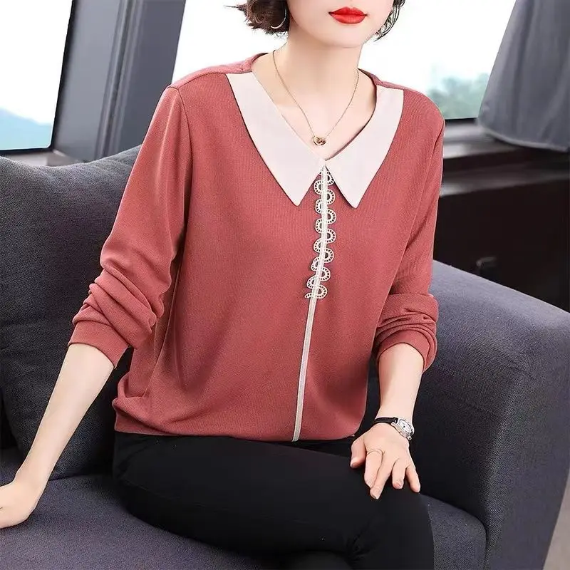 

Vintage Contrast All-match T Shirt Tops Spring Autumn New Long Sleeve Doll Neck Solid Pullovers Casual Fashion Women Clothing