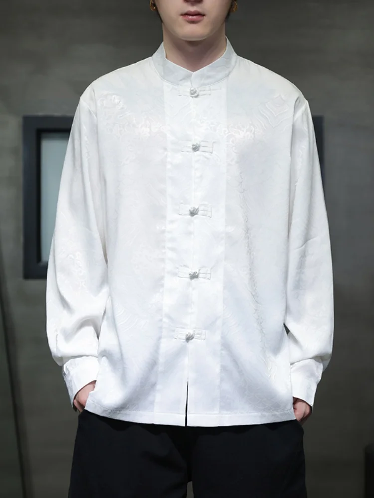 

New Chinese Sle Men's irt High-End Feeling Haome Zhongan Suit Spring Wind Retro Button Stand Collar Top Improved Hanfu