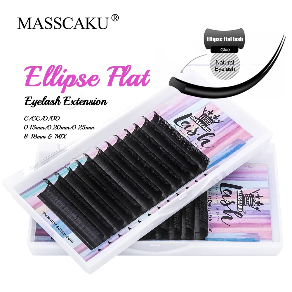 

Hot Sale 12 Rows Matte Dark Black Cashmere Ellipse Flat False Lash C D Curl Professional Synthetic Silk Eyelash Extension Cilios