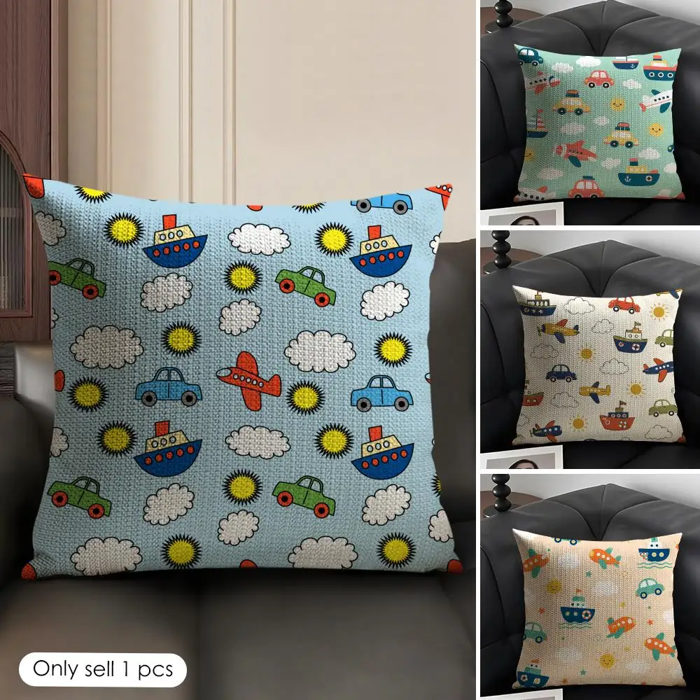 Airplane Car Ship Cushion Cover Linen Organic Fabric Double-Sided Printing Sofa Breathable Home Decor Gift Pillow Case