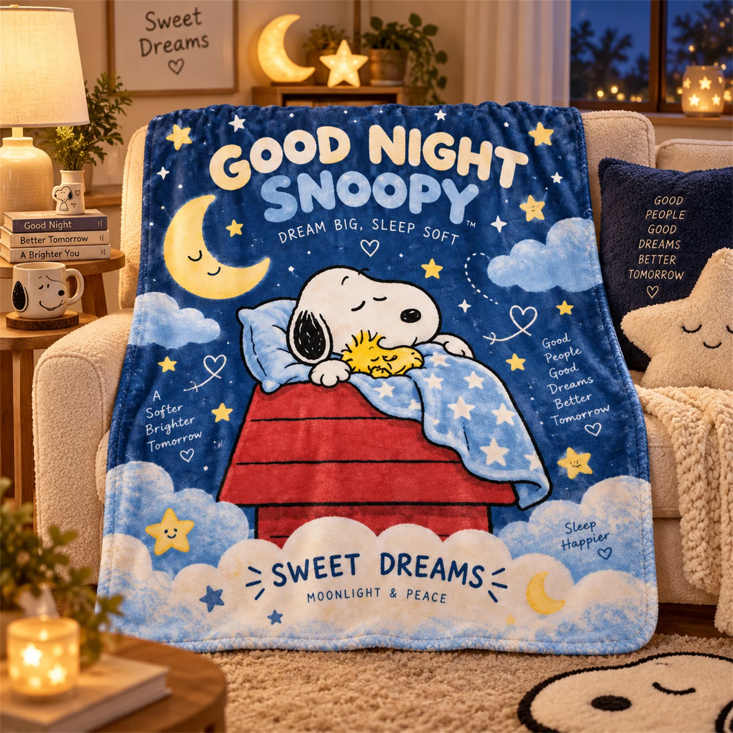 Couverture en flanelle douce, motif « Bonne nuit Snoopy, nuit étoilée », idéale pour le canapé, la chambre, le bureau, ou comme couverture d’appoint pour une utilisation quotidienne à la maison.