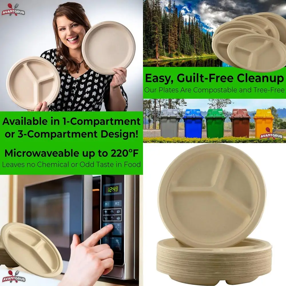 

Экологически чистые 10 3-секционных тарелок, 25 шт.: Идеально подходит для одноразовых, компостируемых столовых приборов и вечеринок.