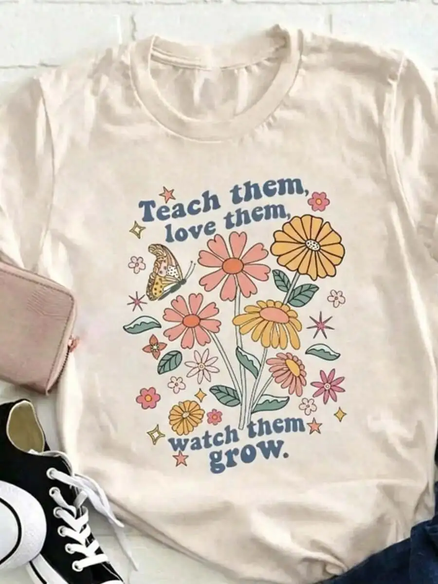 Women Graphic T‑Shirt Teach Them To Look At Their Growth Quote Print Crew Neck Short Sleeve Elegant Breathable Cool Summer Casual Teacher Gift Everyday Outfit Tee